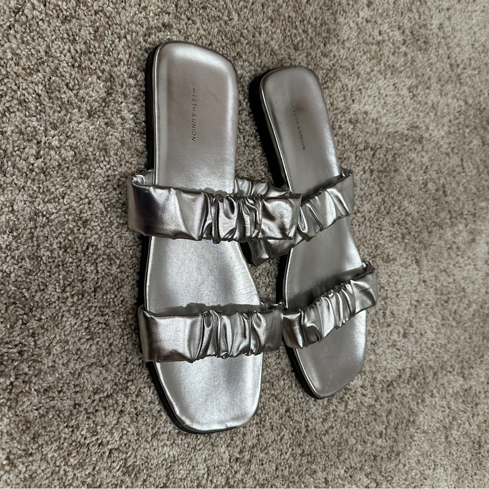 Silver Metallic Slide Sandals with Ruched Straps